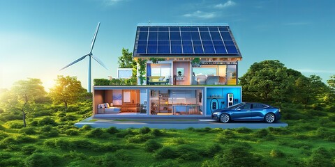 Canvas Print - Cross-section view of a modern eco-friendly house, showcasing a detailed interior with visible energy systems, solar panels on the roof, a small wind turbine in the backyard