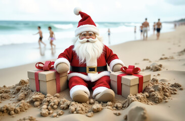 Santa claus figurine on sandy beach surrounded by holiday gifts and ocean scenery