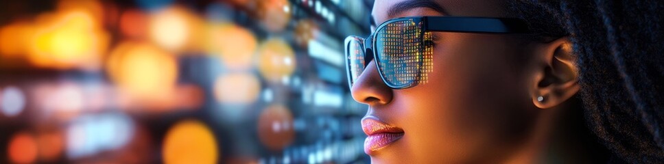 A woman with glasses focuses closely on a digital screen showing data and abstract forms, illuminated by a warm glow to create a futuristic setting.
