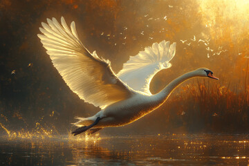 Wall Mural - A close-up of a soaring white swan with outspread wings, immaculate white feathers.