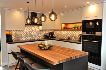 A contemporary kitchen with matte white cabinets, industrial pendant lighting, and a central island with a wooden top, featuring sleek black appliances and a geometric backsplash.