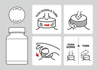 icons set for instruction of opening child resistant cap of plastic pill bottle. the outline icons a