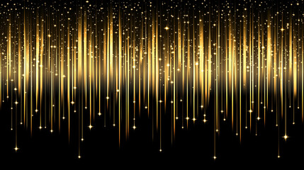 Wall Mural - golden vertical light streaks with sparkling stars on a black background, creating a festive atmosph