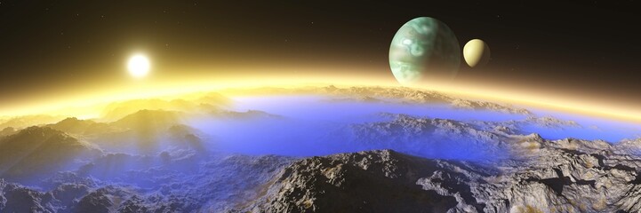 Wall Mural - fantasy landscape, alien surface at sunrise with satellites in orbit, 3d rendering