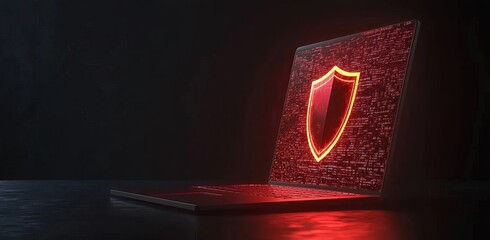 This laptop, with its abstract design and blue futuristic security screen, conveys the theme of cyber security and insurance.