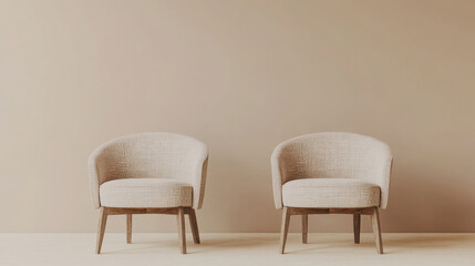 Minimalistic setting featuring two beige chairs with wooden legs against neutral wall. This serene arrangement enhances any modern interior design