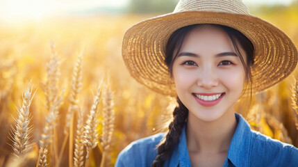 smiling Asian female farmer in straw hat stands in golden wheat field, radiating joy and connection to nature. Her warm expression reflects beauty of rural life