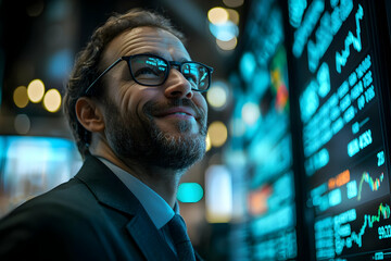 Poster - A man in glasses smiles confidently in front of a digital financial display.