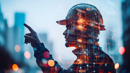Poster - A silhouette of a construction worker with urban elements and digital effects.