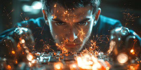 Poster - A focused individual interacts with a glowing, futuristic circuit board, showcasing technology.