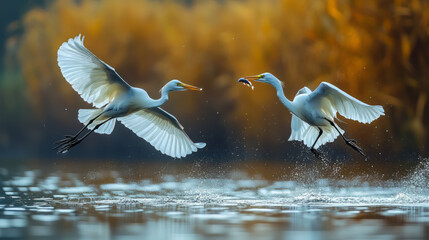 Wall Mural - Two egrets are flying on the water with small fish in their mouths. The lake water is clear and sparkling, with the reed background on the shore of the lake.