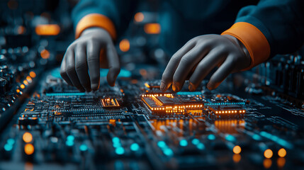 Aufkleber - robotic arm assembling components on circuit board in high tech environment