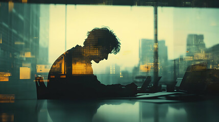 Poster - A silhouette of a person working at a desk, surrounded by a cityscape overlay.