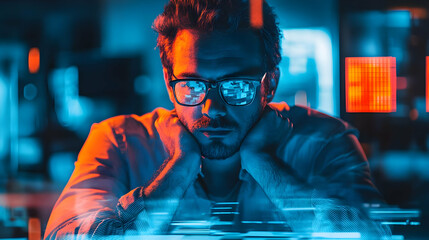Poster - A focused individual in glasses, contemplating amidst a futuristic, illuminated environment.