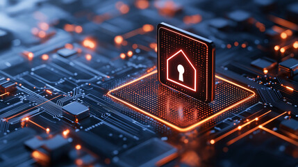 Poster - digital security icon on circuit board, symbolizing protection