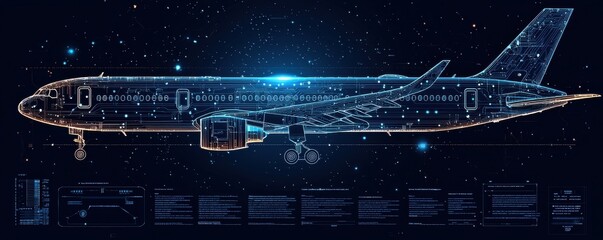 Wall Mural - digital wireframe airplane with glowing technology background