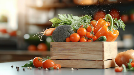 Wall Mural - Fresh vegetables in wooden box, showcasing vibrant colors and textures