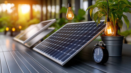 Aufkleber - close up view of solar panels with plants and warm lighting, showcasing sustainability
