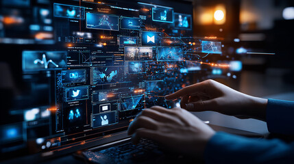Aufkleber - content creator working on video for social media, surrounded by data visuals