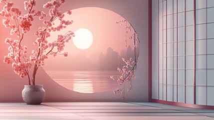 Sticker - Japanese style interior with cherry blossoms and a view of a misty lake and sunset.