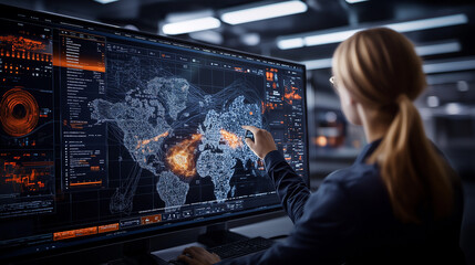 Aufkleber - Data analyst interacting with global map on digital screen