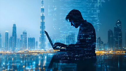 Poster - A silhouette of a person working on a laptop against a city skyline and digital overlay.