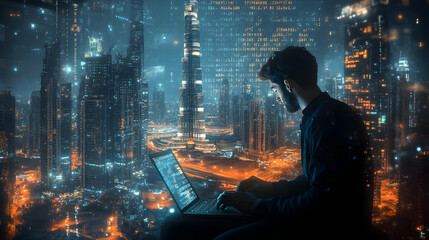 Poster - A person working on a laptop with a cityscape view at night.