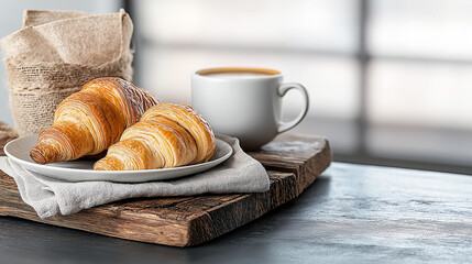 Poster - Fresh buttery croissants on plate with coffee, perfect for breakfast