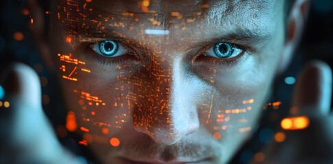 Aufkleber - A close-up of a person with glowing blue eyes, surrounded by digital elements.