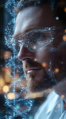Poster - A focused scientist with glasses, surrounded by digital data and glowing elements.