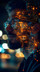 Aufkleber - A man with glasses, blended with digital circuitry, symbolizes technology and innovation.