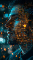 Aufkleber - A close-up of a man’s profile overlaid with abstract digital patterns and lights.