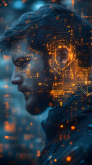 Leinwandbilder - A profile of a man with digital circuitry overlay, symbolizing technology and innovation.