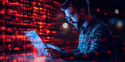 Poster - A focused individual working on a laptop surrounded by digital data streams.