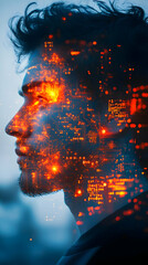 Aufkleber - A profile silhouette filled with vibrant digital patterns, symbolizing technology and innovation.