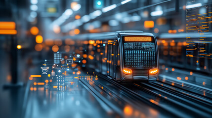 Leinwandbilder - futuristic transportation hub with sleek train and digital displays