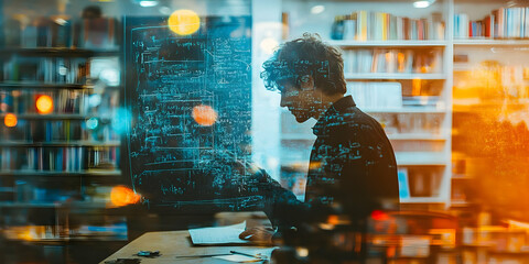 Poster - A person studying amidst digital data visuals in a library setting.