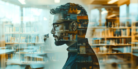 Poster - A contemplative individual stands in a library, reflecting on knowledge and learning.