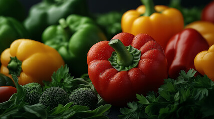 Fresh bell peppers in vibrant colors with green herbs