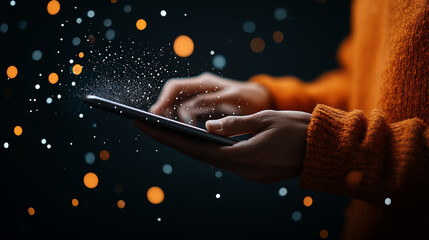Fototapete - Person using tablet with glowing particles in dark background