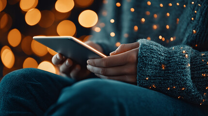 Fototapete - Cozy hands holding smartphone with warm bokeh lights in background