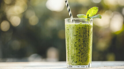 Wall Mural - refreshing glass of cucumber mint smoothie sits on sunlit table, garnished with fresh mint leaves and striped straw, creating vibrant and healthy drink scene