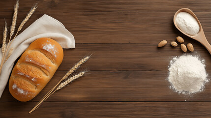 Poster - Freshly baked bread with flour and almonds on wooden table