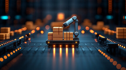 Poster - modern robotic arm moving wooden boxes in warehouse setting