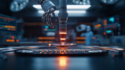 Poster - robotic hand delicately interacts with glowing object in lab