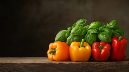 Aufkleber - Fresh yellow, red, and green bell peppers with basil on wooden table