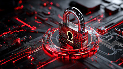 Poster - digital padlock icon on circuit board background, symbolizing security