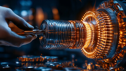 Poster - Mechanic working on large industrial engine with glowing components