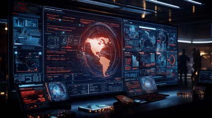 Poster - high tech control room with data visualizations and maps