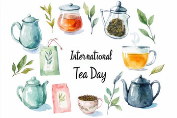 watercolor illustration of teapots, tea bags, tea leaves, and mugs arranged with greenery celebratin
